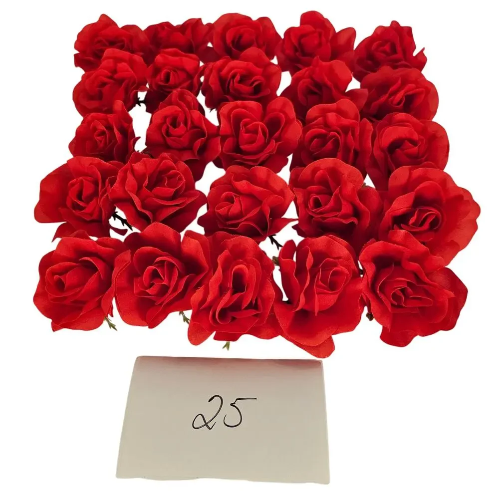 25 Red Silk Rose Heads Stemless Wedding Floral Craft DIY Wreaths 2.5in